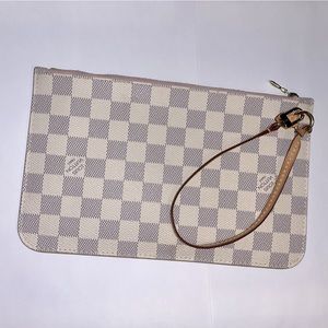 Authentic Louis Vuitton Damier Azur Neverfull Pochette Wristlet Rose Ballerine